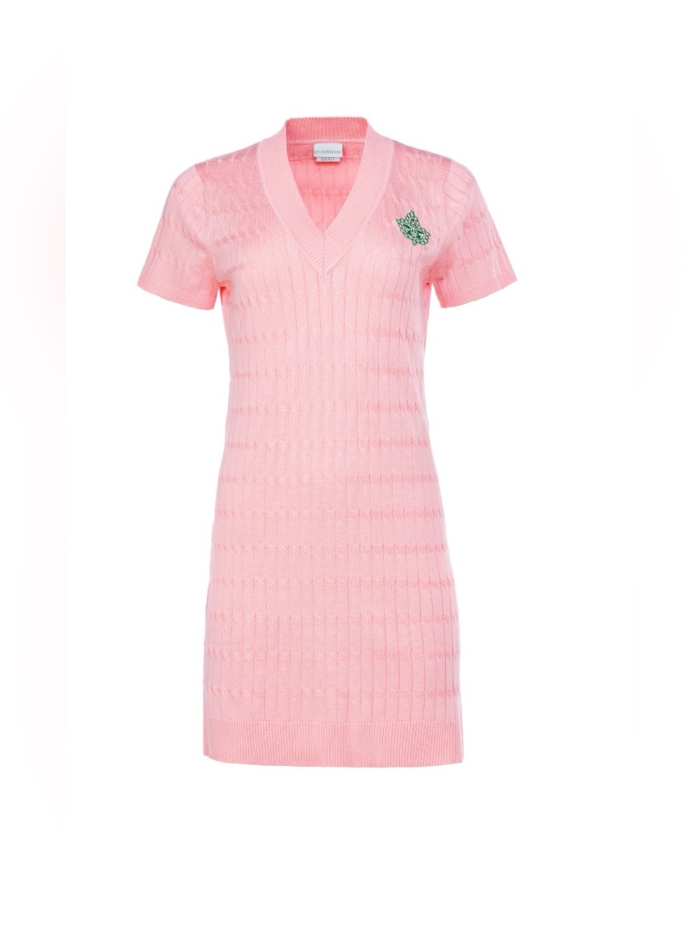 Pink V‑Neck Knit Midi Dress with Green Embroidered Detail